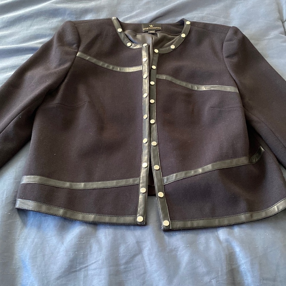 EUC black blazer with leather look trim and silver buttons